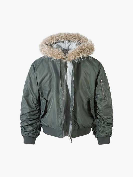 High Collar Faux Fur Hooded Vintage Bomber Jacket