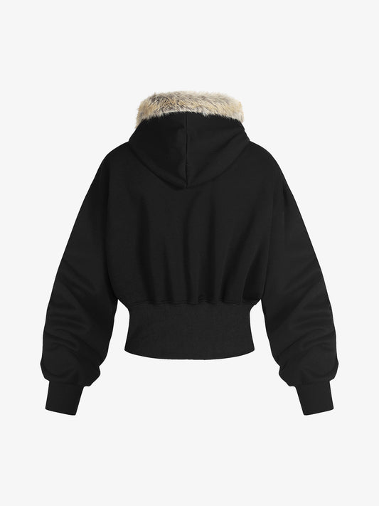 Stone-Embellished Letter Detail Fur Hooded Jacket