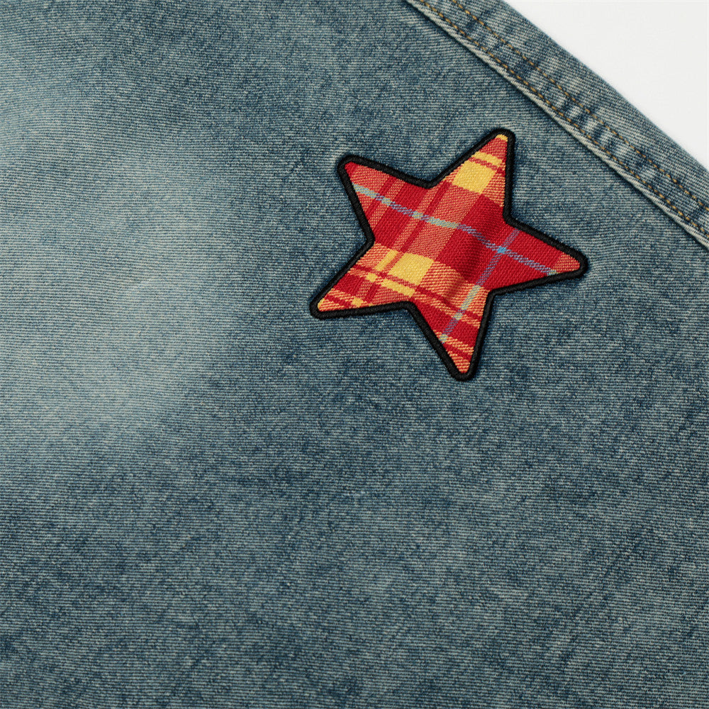 Ekose Kuşaklı Yıldız Patch Kot Pantolon