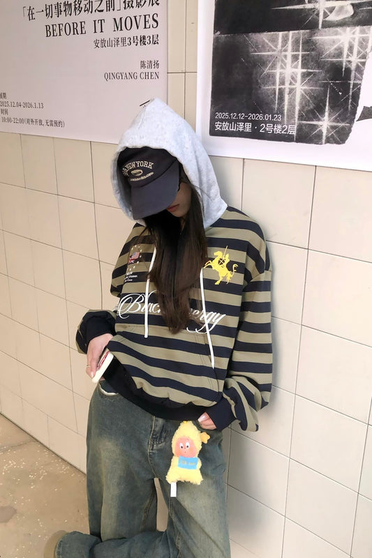 1996 Baskılı Çizgili Kapüşonlu Sweatshirt Naxro