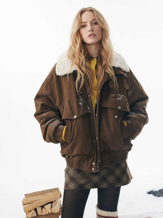 Chestnut Velvet Faux Fur Collar Buckled Bomber Jacket