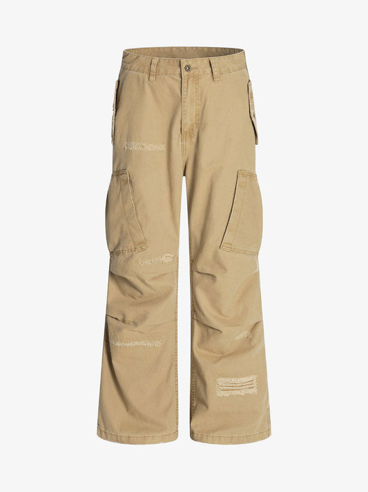 Hole Patch Pleated Multi-pocket Work Wear Casual Pants