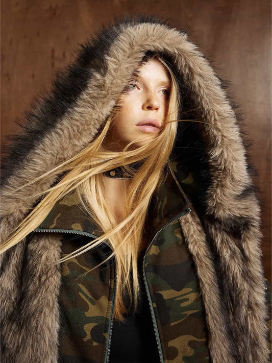 Double-Breasted Camouflage Faux Fur Bomber