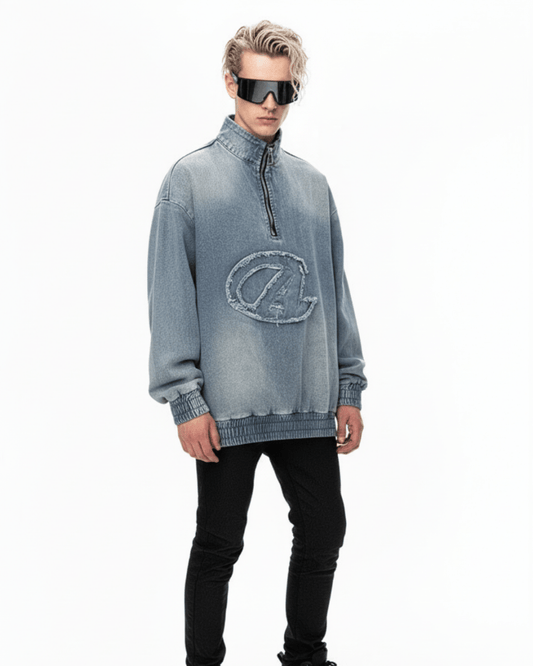 Saçaklı Kenarlı Denim Yarım Fermuarlı Kazak