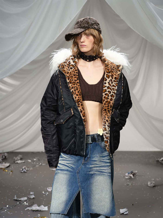 Leopard-Lined Fur Collar Bomber Jacket