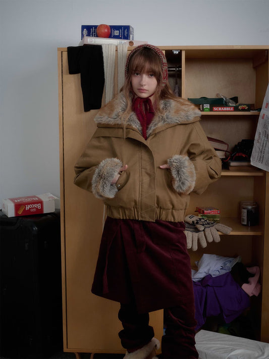 Quilted Workwear Style Faux Fur Collar Jacket