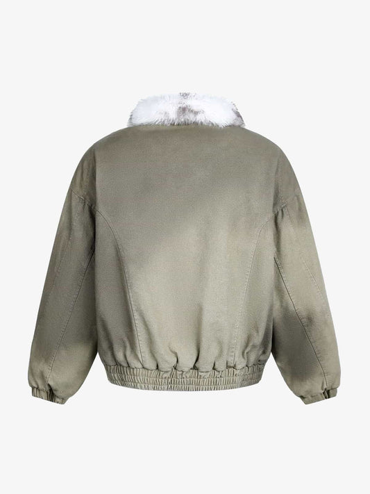Washed Bomber Jacket with Faux Fur Collar and Elastic Cuffs