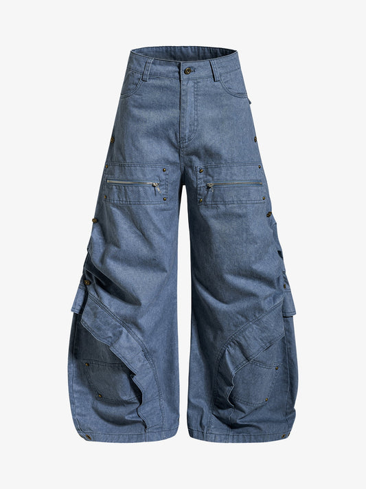Pleated Panel Curved Leg Cargo Cotton Pants - 2631