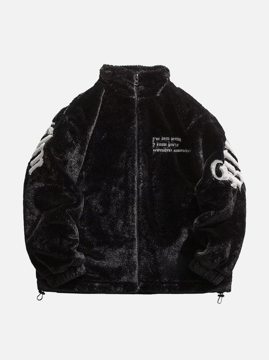 Letter-Embroidered Plush Textured Jacket
