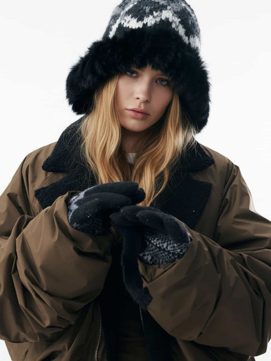 Gathered Fleece Collar Puffer Bomber Jacket