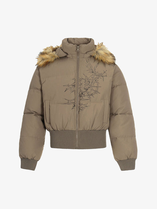 Dark Floral Print Faux Fur Hooded Quilted Jacket