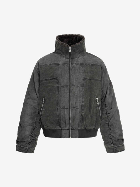 Pileli Kürk Yakalı Yıpratılmış Vintage Polar Denim Ceket Naxro