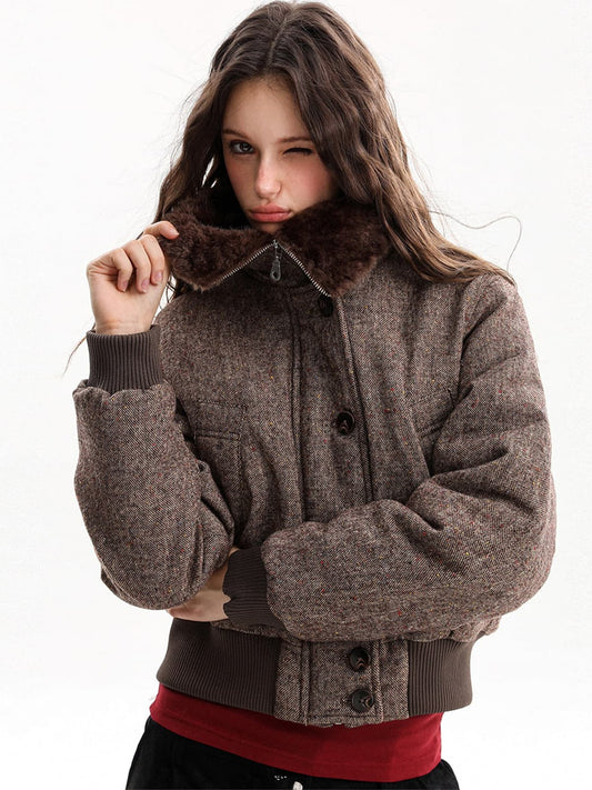 Vintage Tweed Textured Faux Fur Collar Bomber