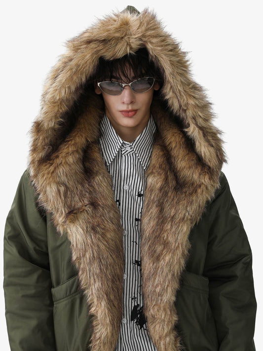 Pleated Faux Fur Collar Padded Retro Jacket