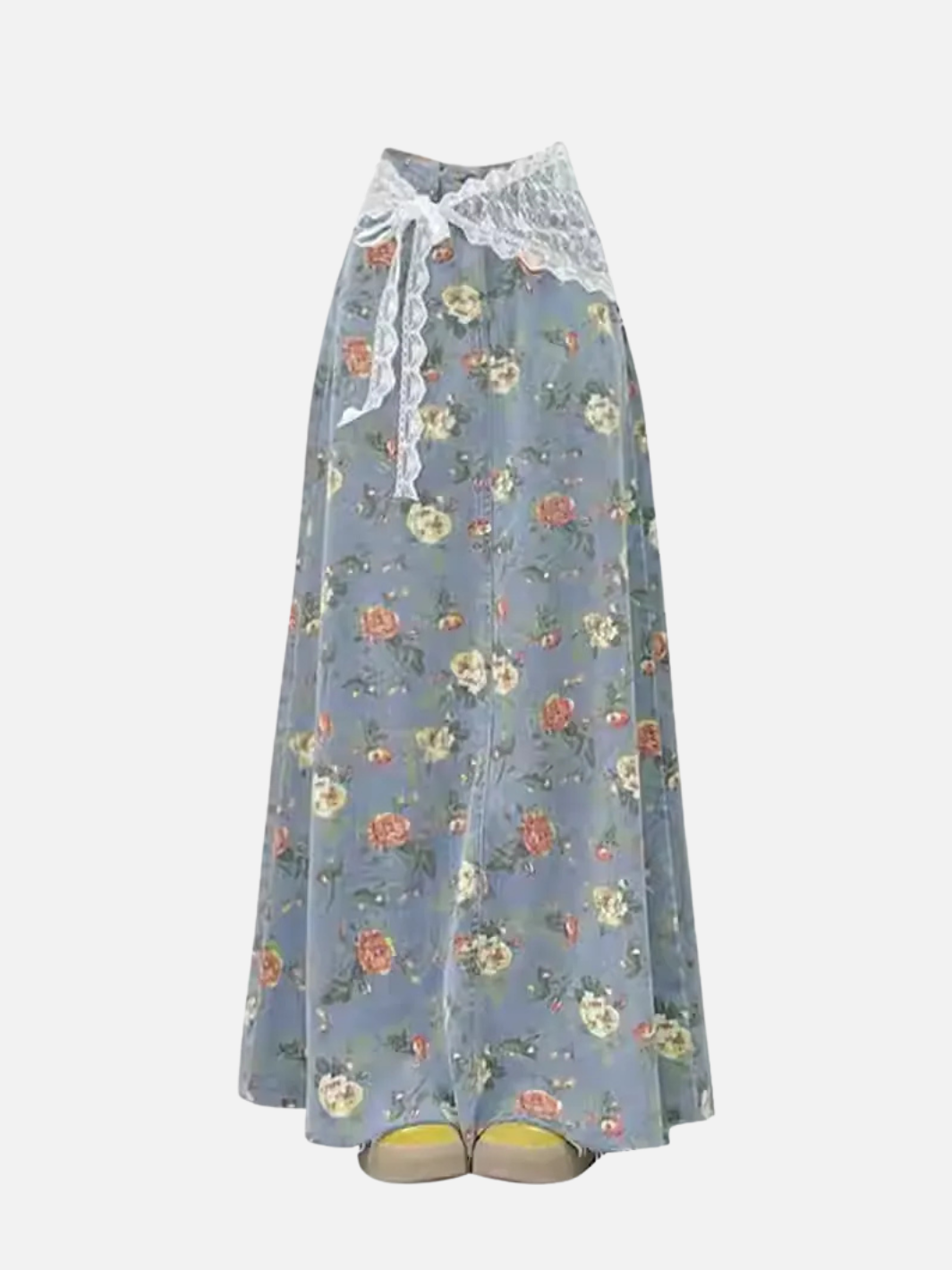 Çiçek Desenli Denim Midi Etek