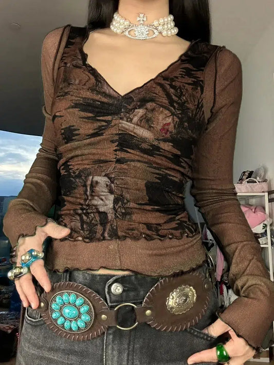 Toprak Tonu Büzgülü Grunge Crop