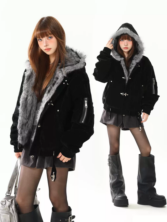 Suede Jacket with Fur Hood and Metal Clip Detail