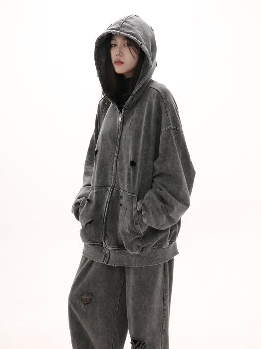 Yıpratma Detaylı Fermuarlı Hoodie ve Bol Paça Eşofman Altı Takımı
