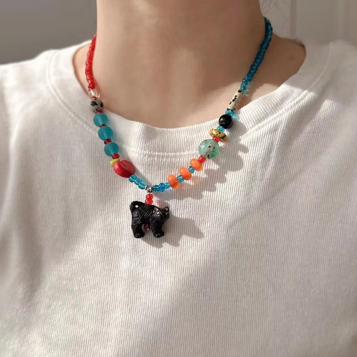 Renkli İnce İşçilikli Sevimli Ayı Kolye Ucu Choker Kolye