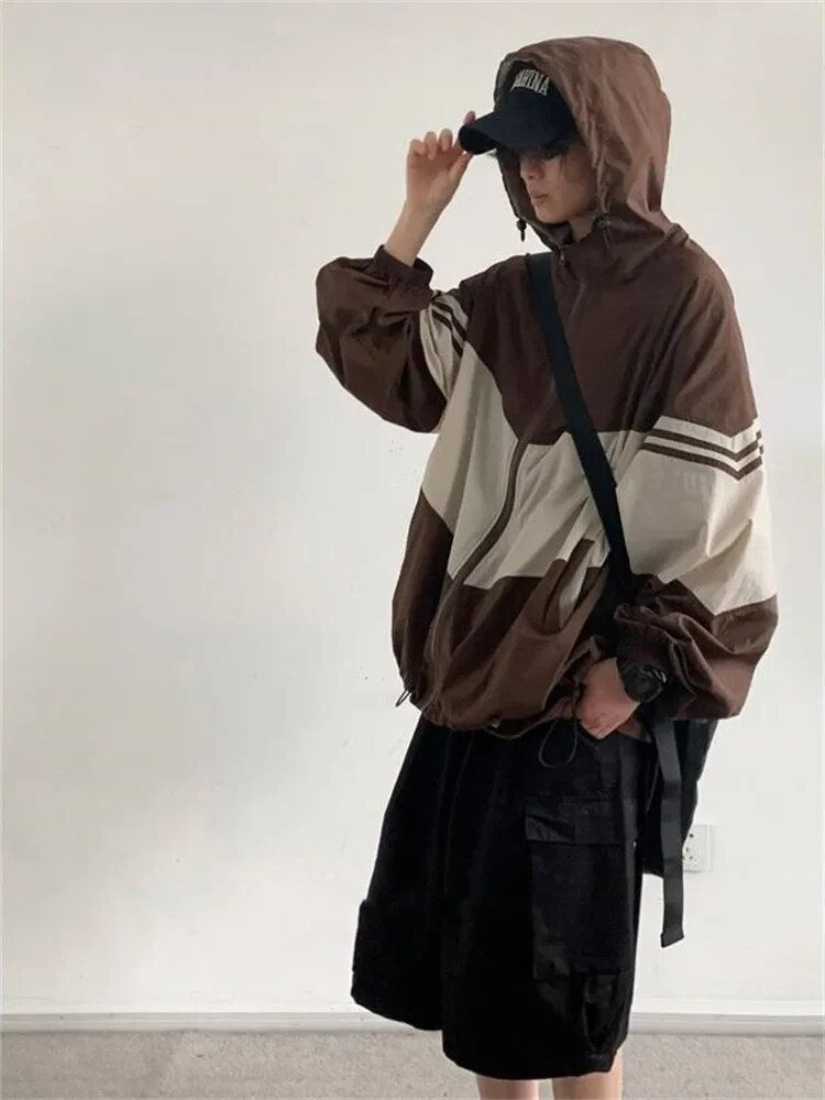 Yumuşak Dokulu Renk Bloklu Kapüşonlu Oversize Ceket