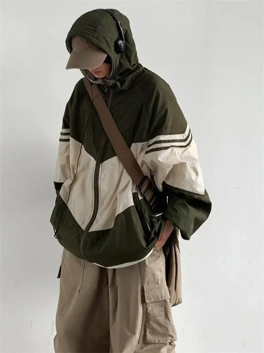 Soft-Textured Color-Block Oversized Hooded Jacket