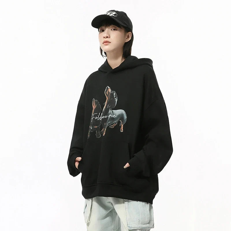 Düz Renk Köpek Baskılı Kapüşonlu Sweatshirt