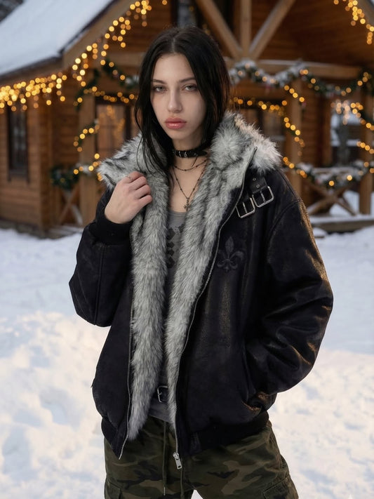 Suede-Texture Faux Fur Collar Bomber Jacket