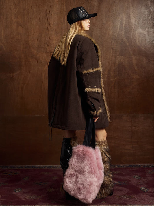 Patchwork Paneled Velvet Fur Collar Jacket