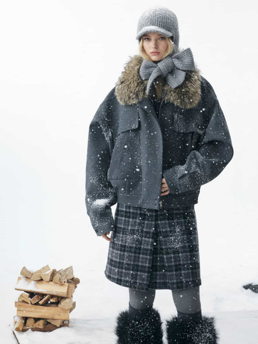 Buttoned Pocket Washed Bomber with Detachable Fur Collar