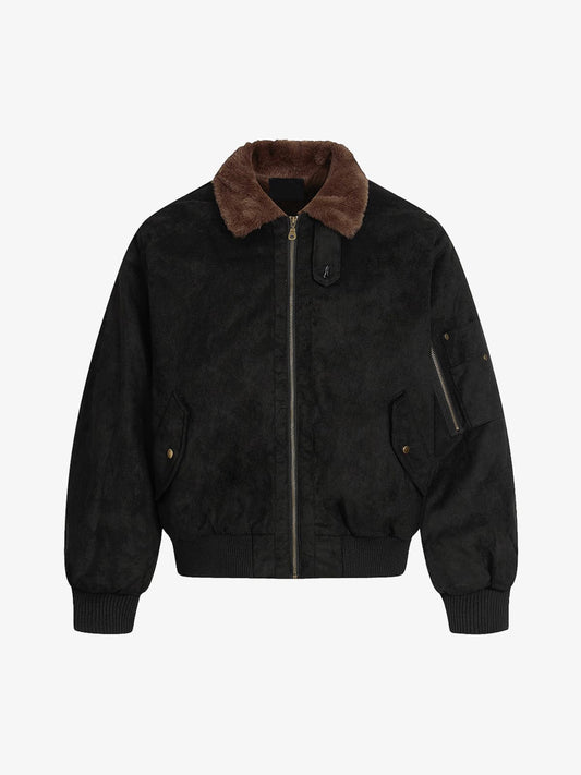 Fleece-Lined Suede Faux Fur Collar Bomber Jacket