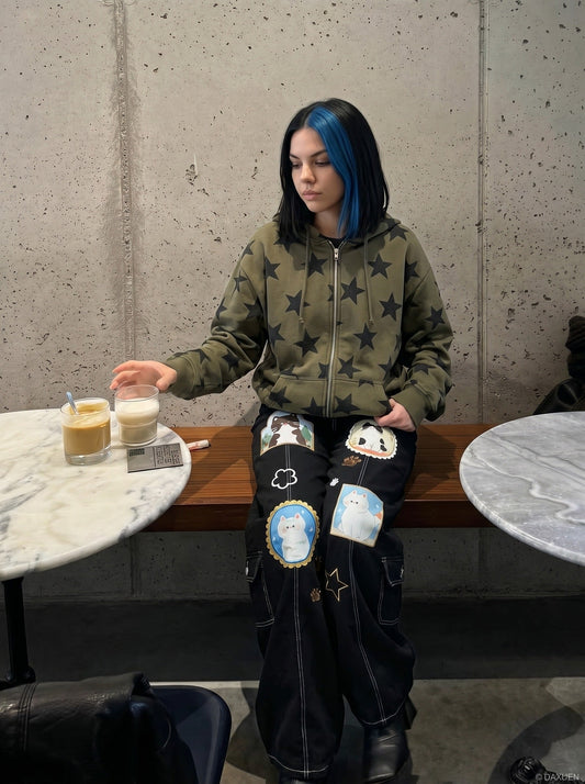 Yama ve Pati Detaylı Geniş Paça Kargo Pantolon