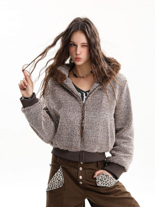 Fleece-Lined Shearling Hooded Bomber Jacket