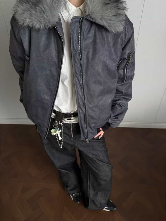Retro Puffer Bomber with Sleeve Pocket and Detachable Fur Collar