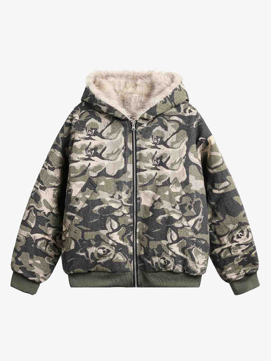 Camouflage Print Faux Fur Jacket with Detachable Hood
