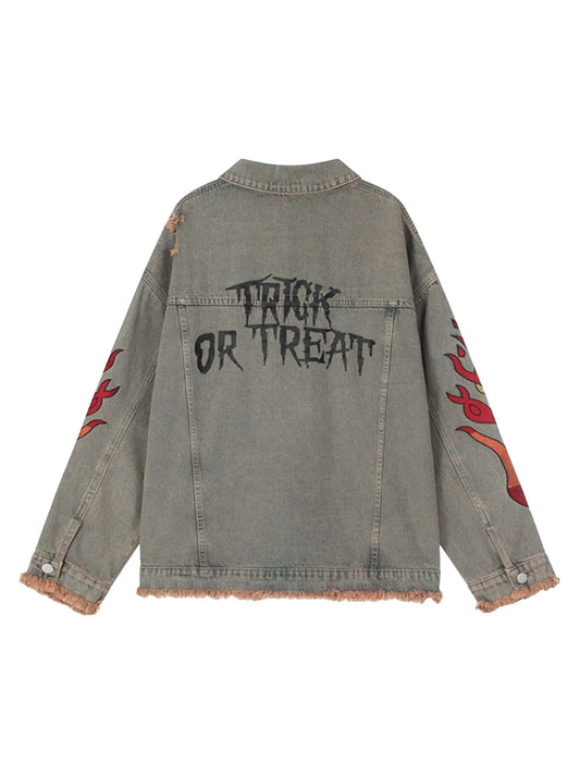 Alev Nakışlı Keten Dokulu Denim Ceket
