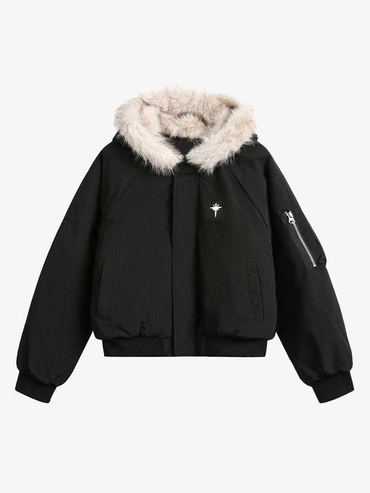 Fleece Lined Faux Fur Hooded Retro Bomber Jacket