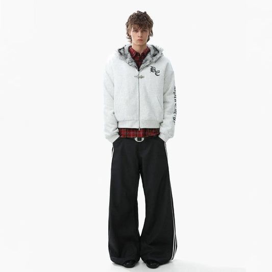 Grey Fur-Detailed Hooded Bomber Jacket