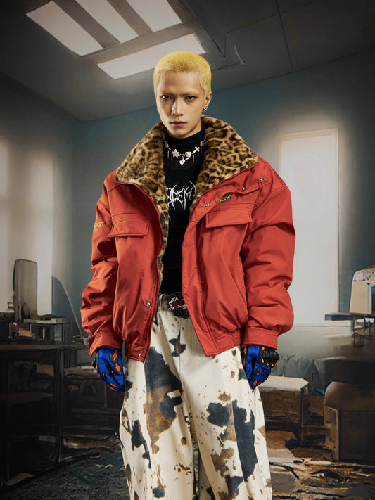 Oversized Coat with Leopard Print Fur Collar