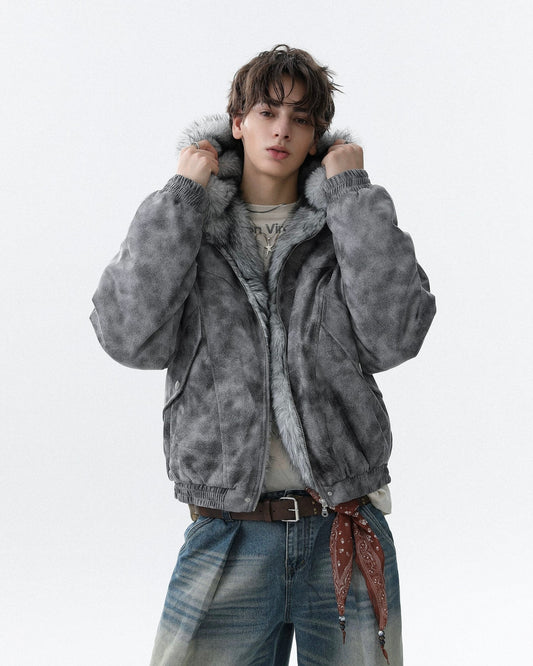 Distressed Grey Toned Polar-Inspired Fur Jacket