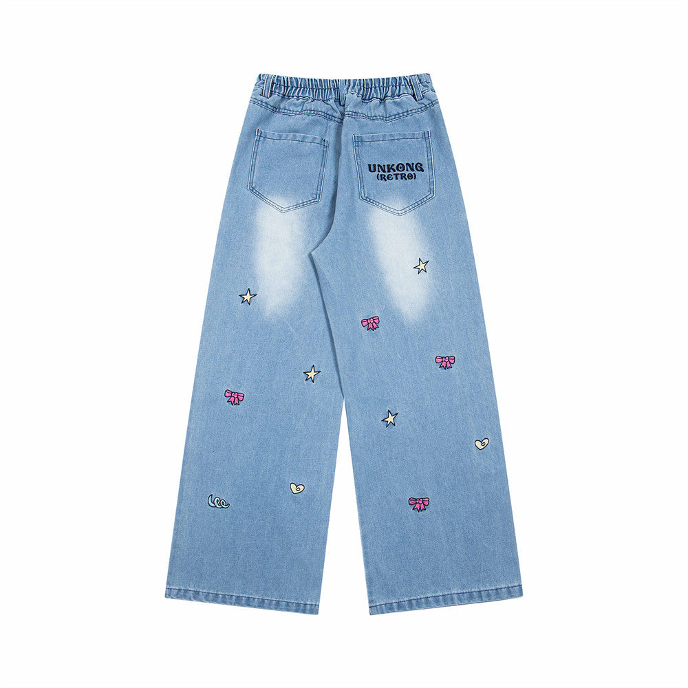 Karakter Baskılı Geniş Paça Kot Pantolon