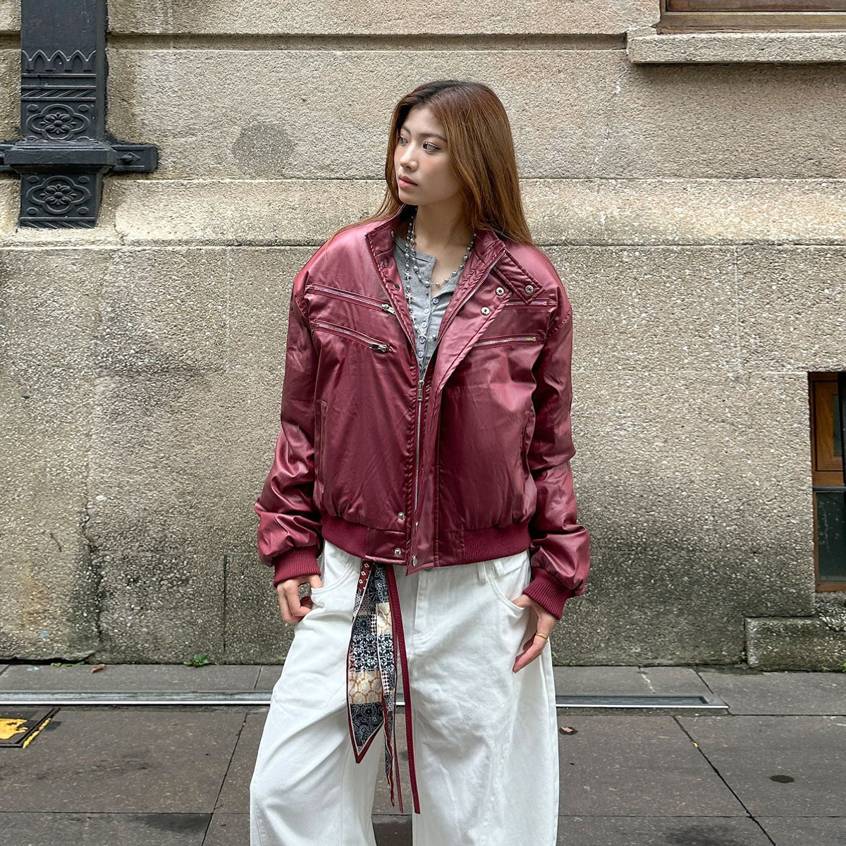 Y2K-Inspired PU Leather Bomber Jacket
