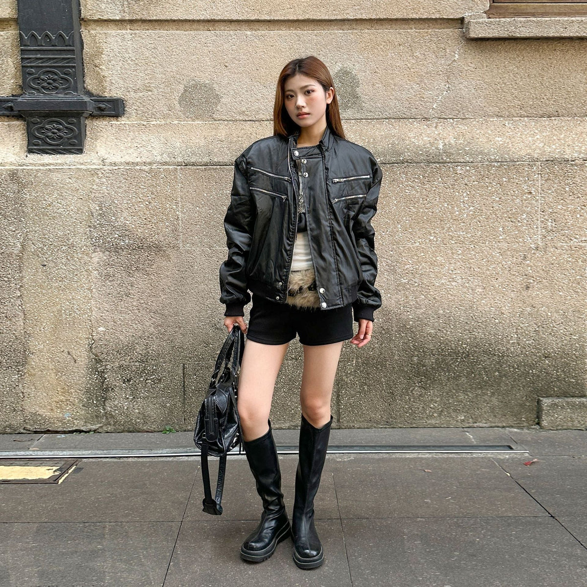 Y2K-Inspired PU Leather Bomber Jacket