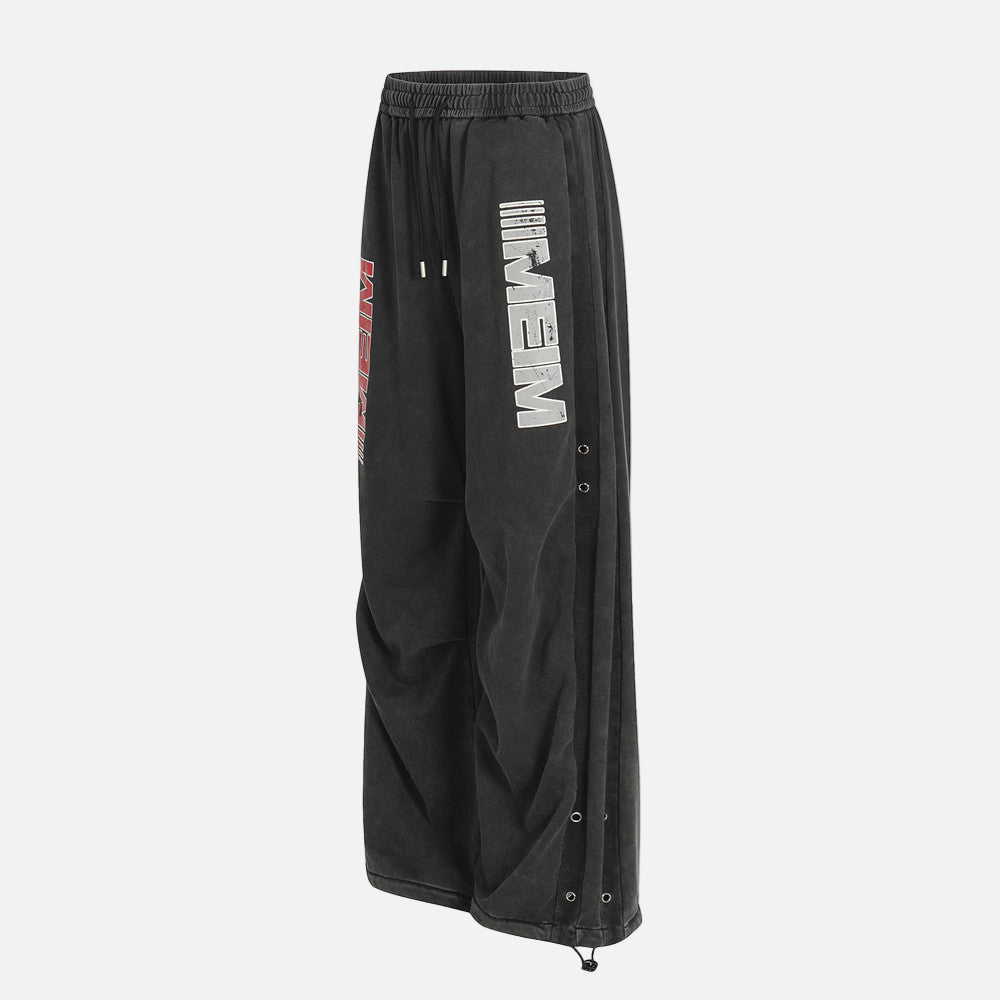 Dikey Yazı Baskılı Yıkamalı Bol Paça Pantolon
