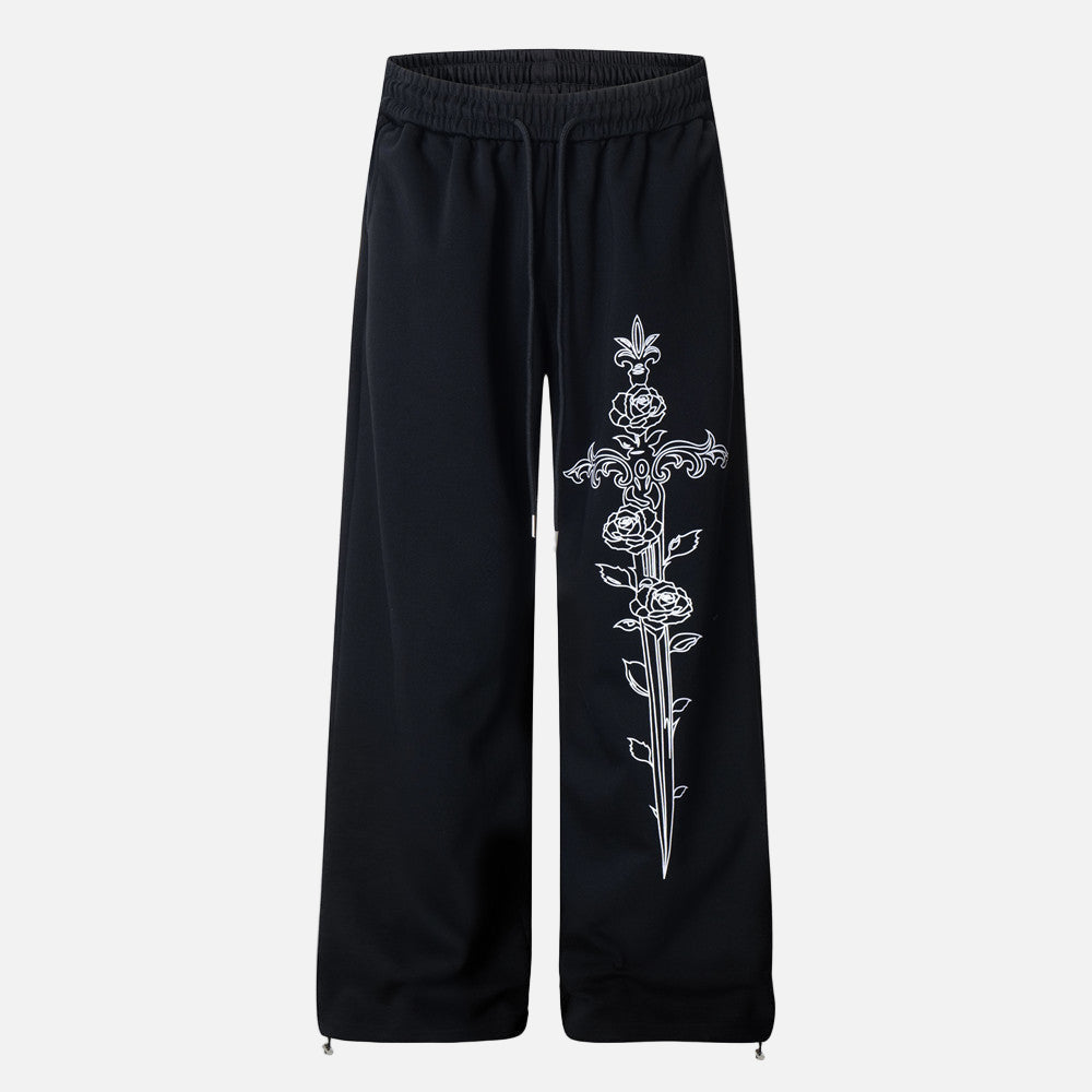 Gül ve Kılıç Nakışlı Bol Paça Pantolon