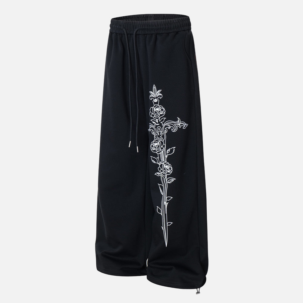 Gül ve Kılıç Nakışlı Bol Paça Pantolon