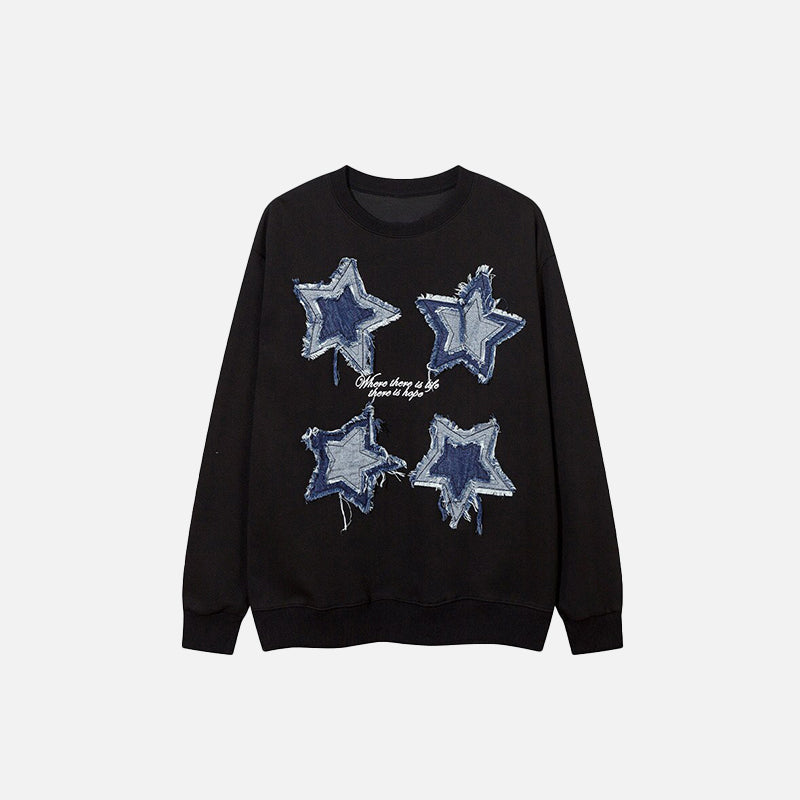 Denim Yıldız Ham Kenarlı Sweatshirt