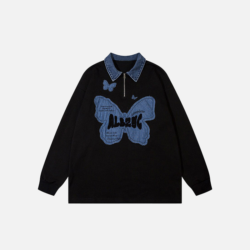 Kelebek Yamalı Oversize Denim Sweatshirt