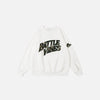 Front view of the white Battle Vibes Camo Sweatshirt in a gray background