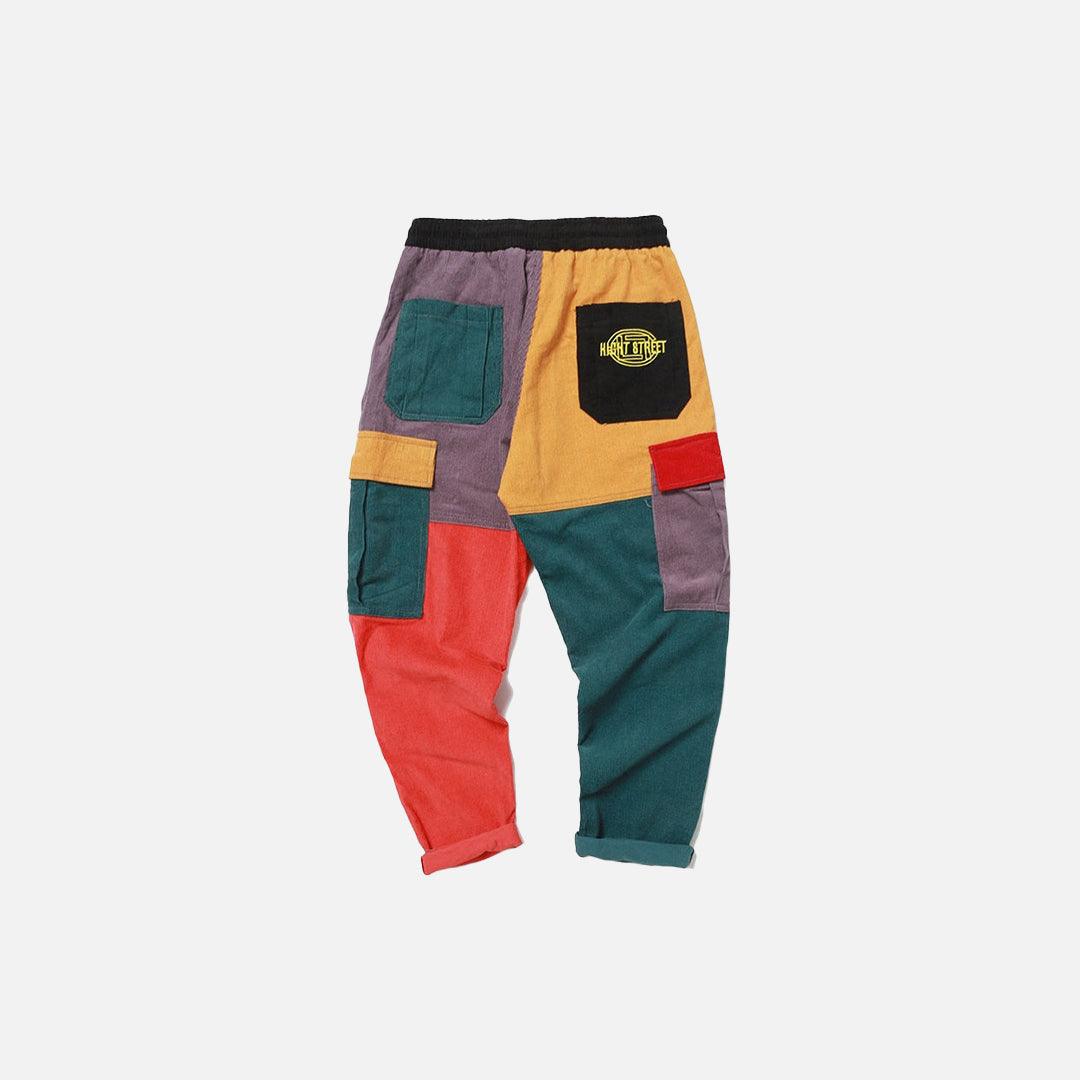 Renkli Patchwork Fitilli Kadife Kargo Pantolon