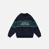 Front view of the navy blue Loose Embroidered Patchwork Sweatshirt in a gray background